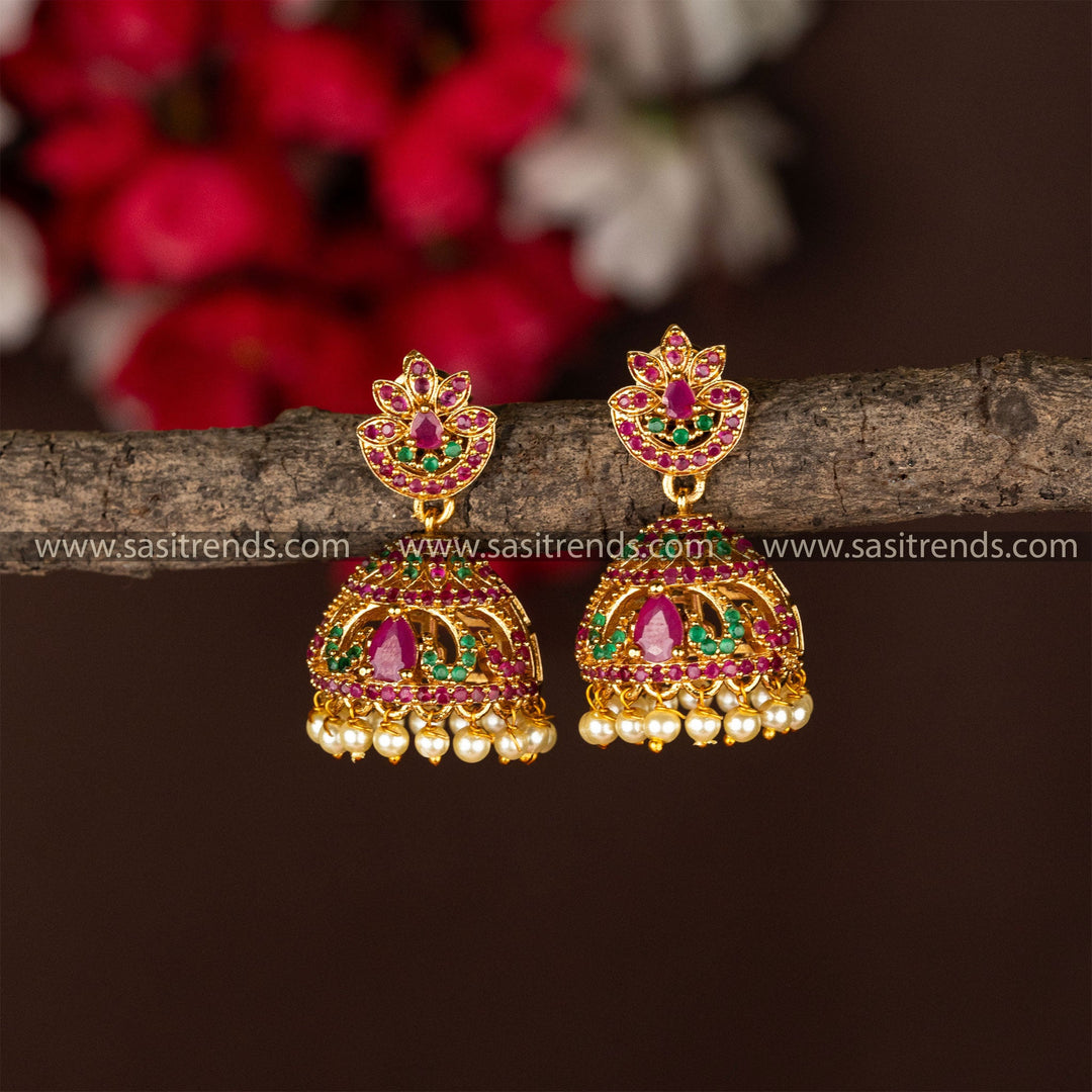 Traditional Matt Gold Plated Lotus Designer Jhumka AD Stone Earrings 