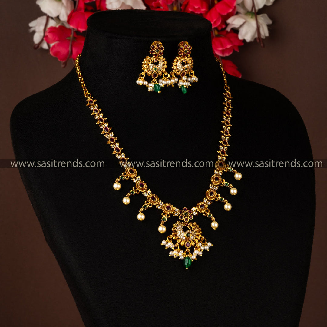 Traditional Matt Temple Peacock Flower Designer Jewellery Set