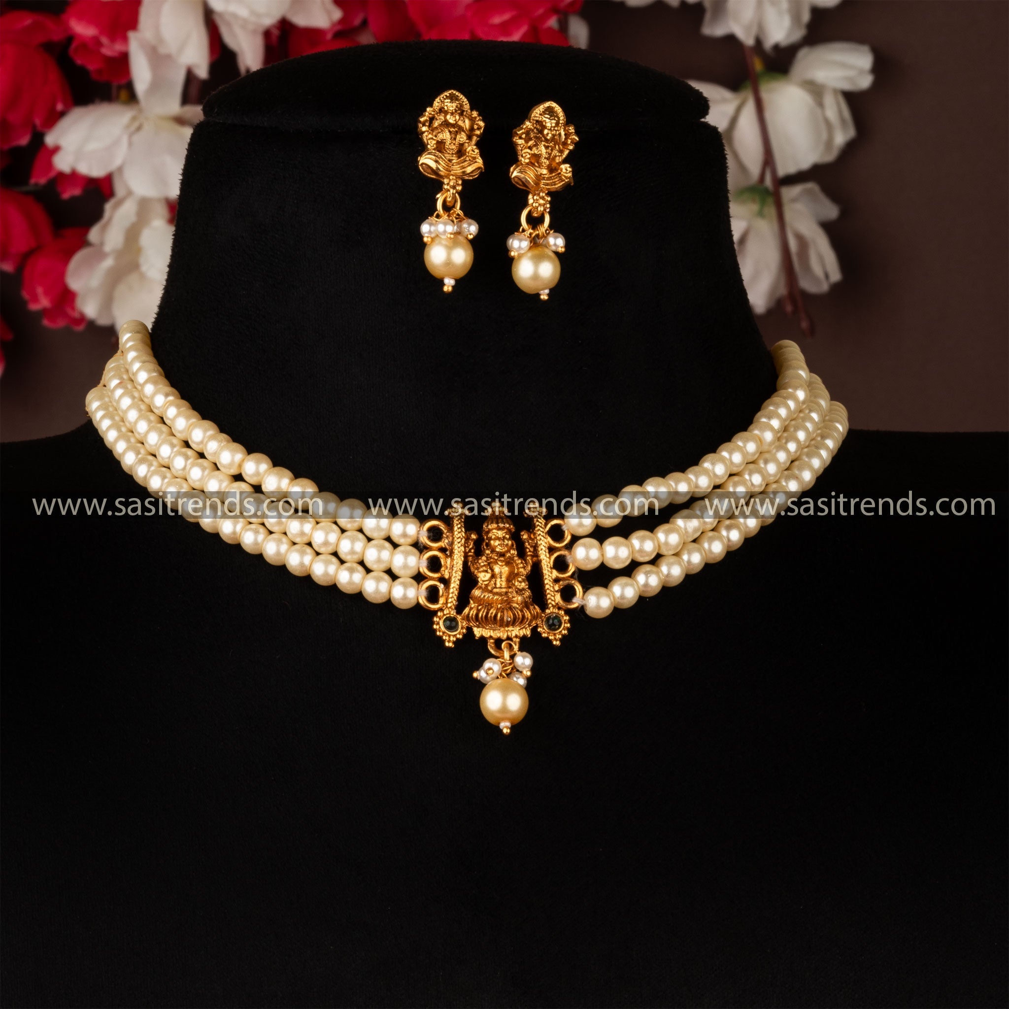 Traditional Classic Matt Gold Plated Three Line Pearl Lakshmi Choker Necklace With Earrings