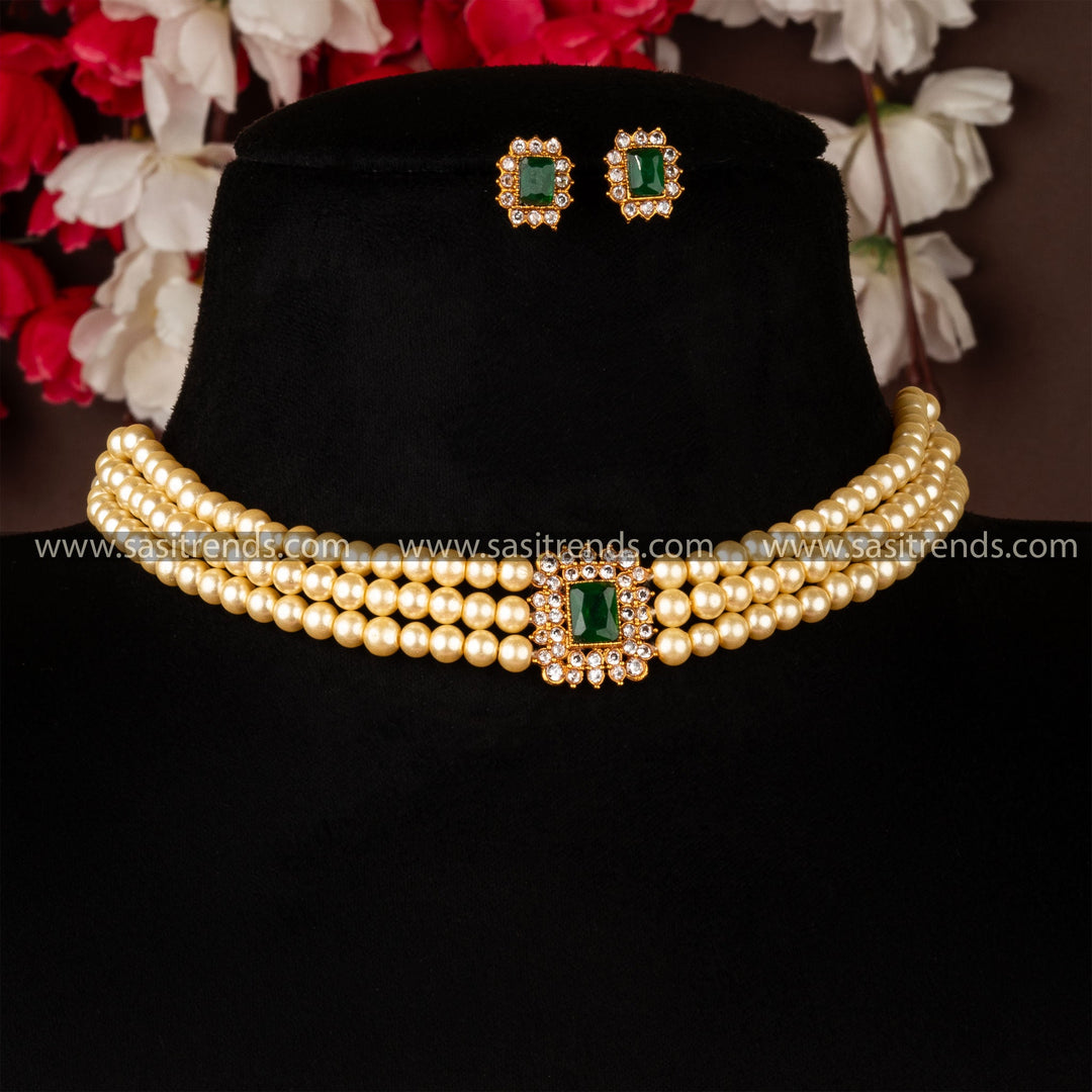 Traditional Classic Matt Gold Plated Three Line PearlChoker Necklace With Earrings