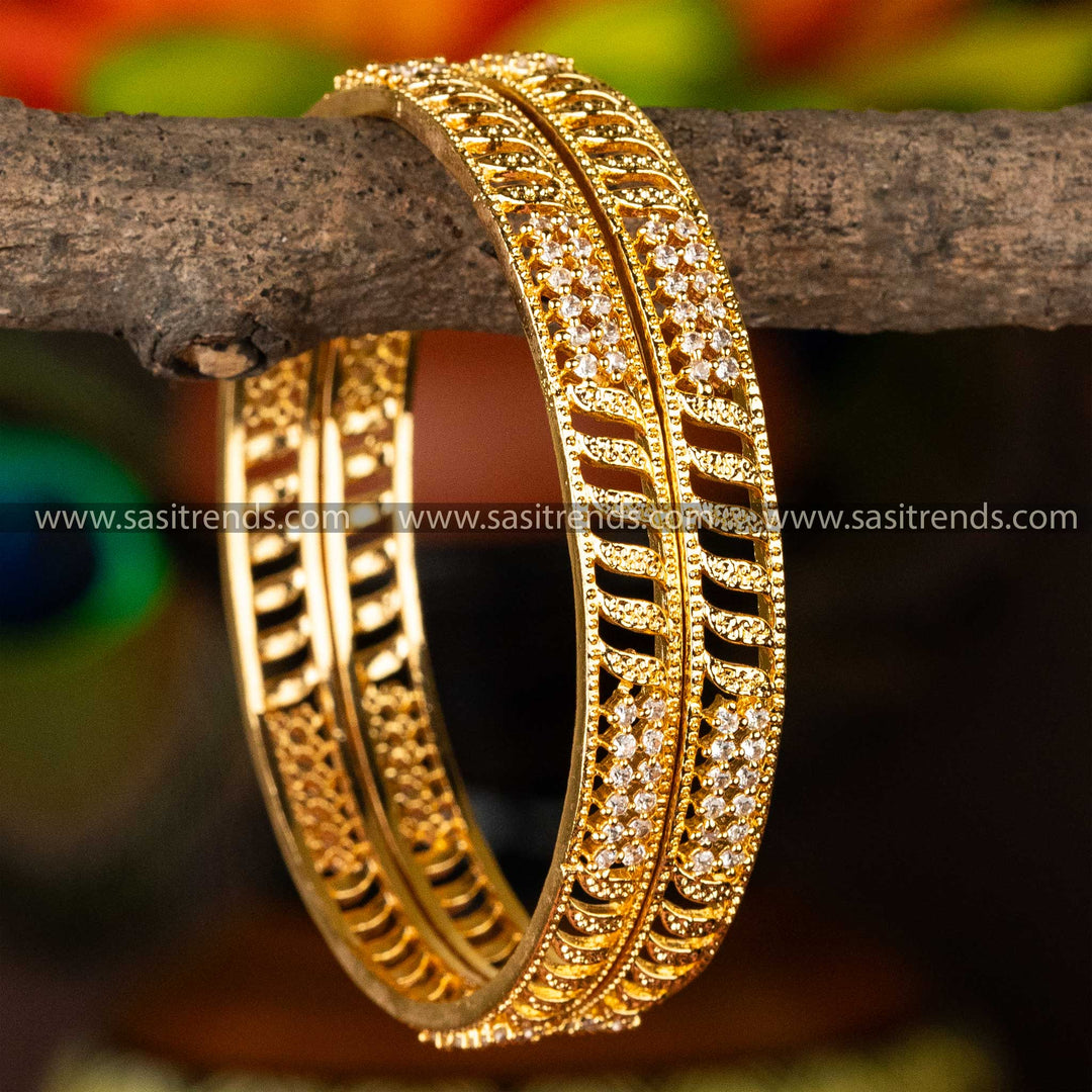 One Gram Micro Gold Plated Guaranteed Leaf Designer Stone Studded Bangles Sasitrends Online Shopping