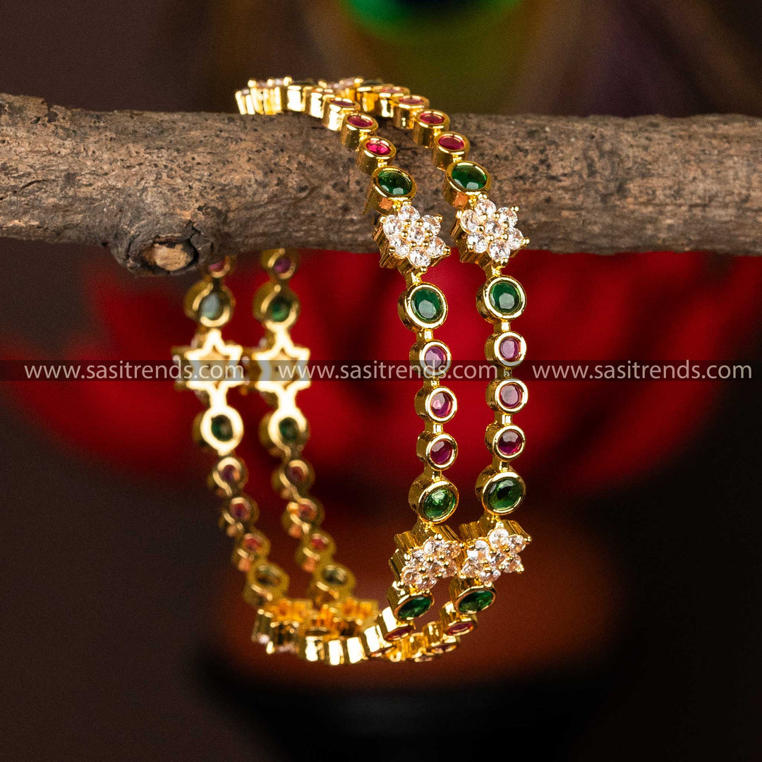 Traditional Wear Micro Gold Plated Round Stone Studded Center Star Pattern Bangles Sasitrends Online Shopping