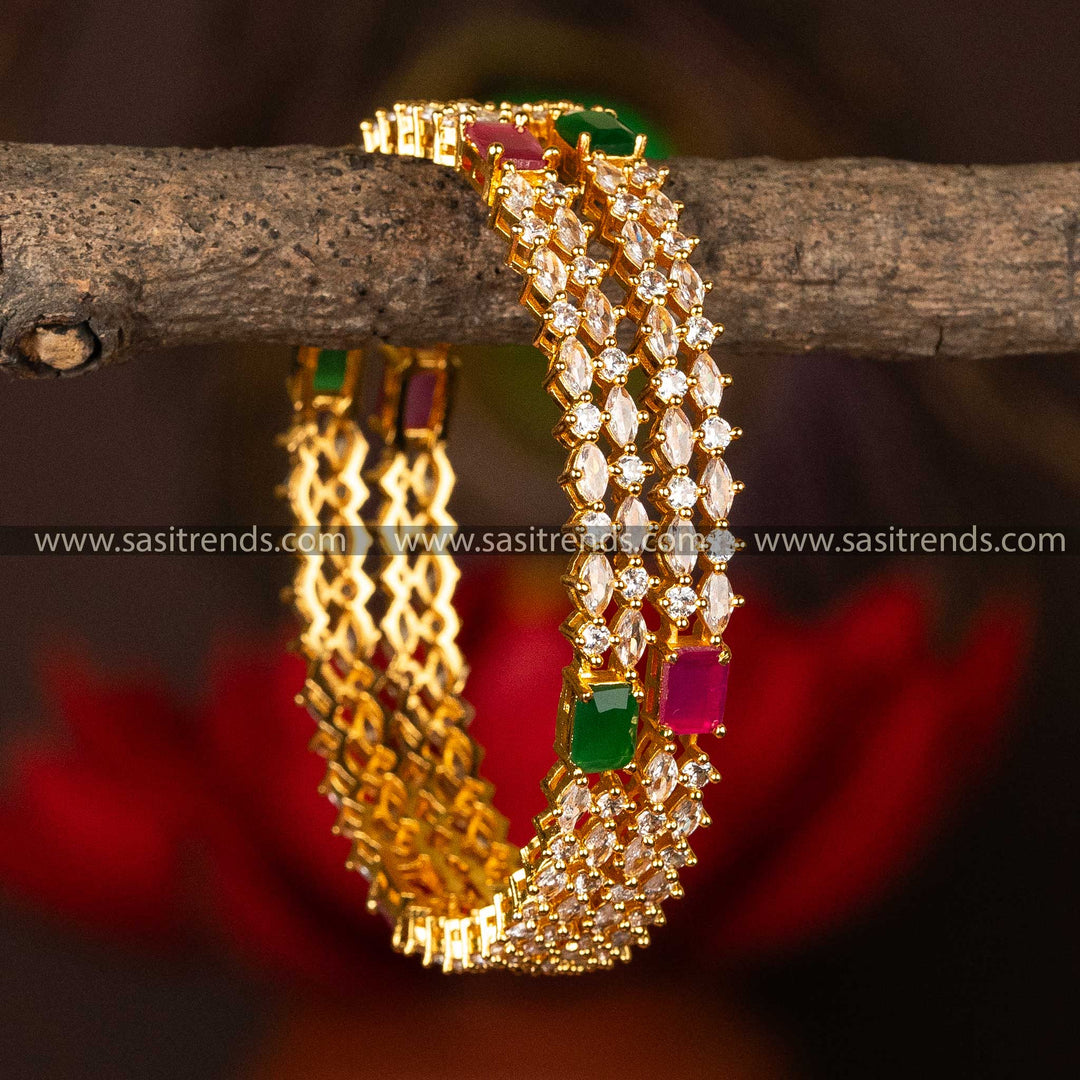 Traditional Elegant Micro Gold Plated Two Line Marquise and Round AD Stone Center Rectangle bangles 