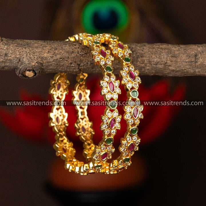 Sasitrends-Traditonal Flower Designer Micro Gold Plated Bangles with American Diamond Stones