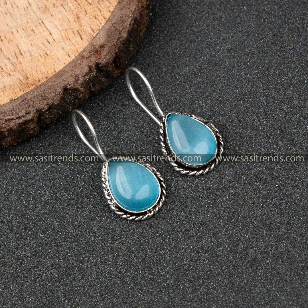 Oxidized German Silver Water Drop Monalisa Stone Earrings 