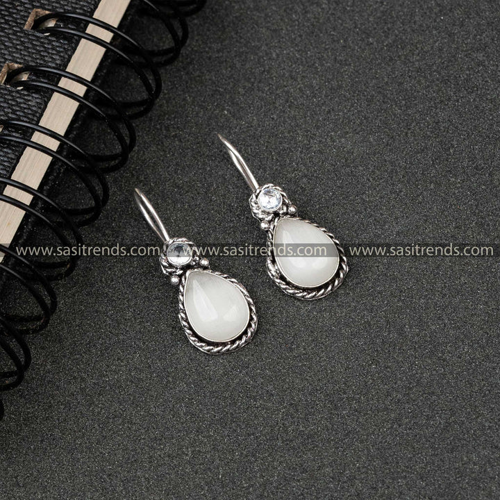 Oxidised German Silver Water Drop Designer Fish Hook AD Stone Monalisa Stone Studded Earrings