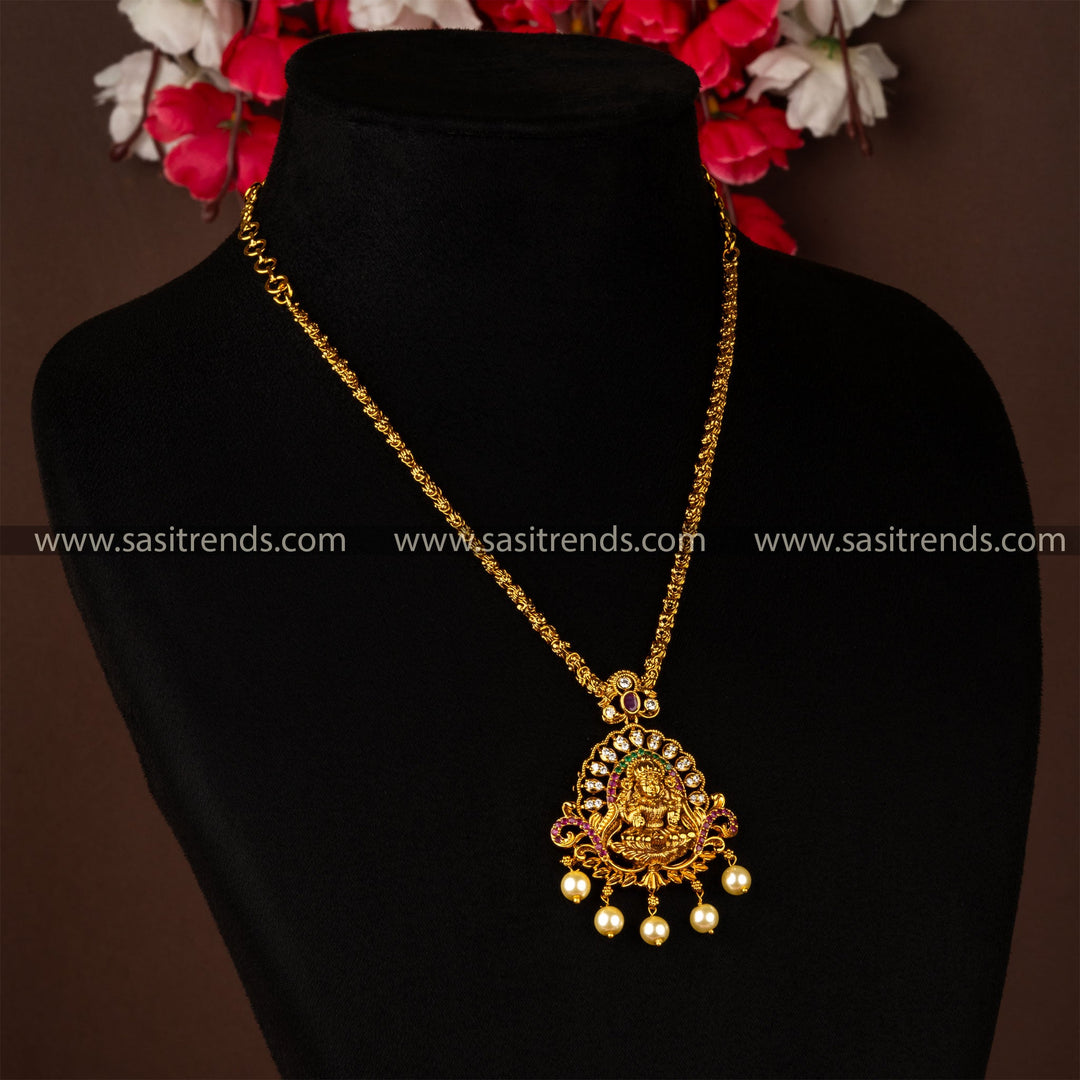 Traditional Premium Matt Gold Plated Temple Wear Lakshmi Pendant Chain AD stones and Pearls