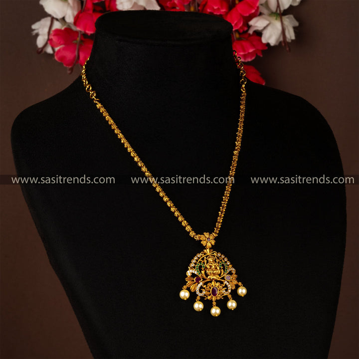 Divine Lakshmi Pendant Chain Necklace Ruby Ad Stone Studded and Pearls - Premium Matte Gold Plated