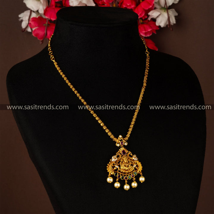 Premium Temple Matte Gold Plated Divine Fusionist Lakshmi Peacock Designer Pendant Chain Necklace - Sasitrends