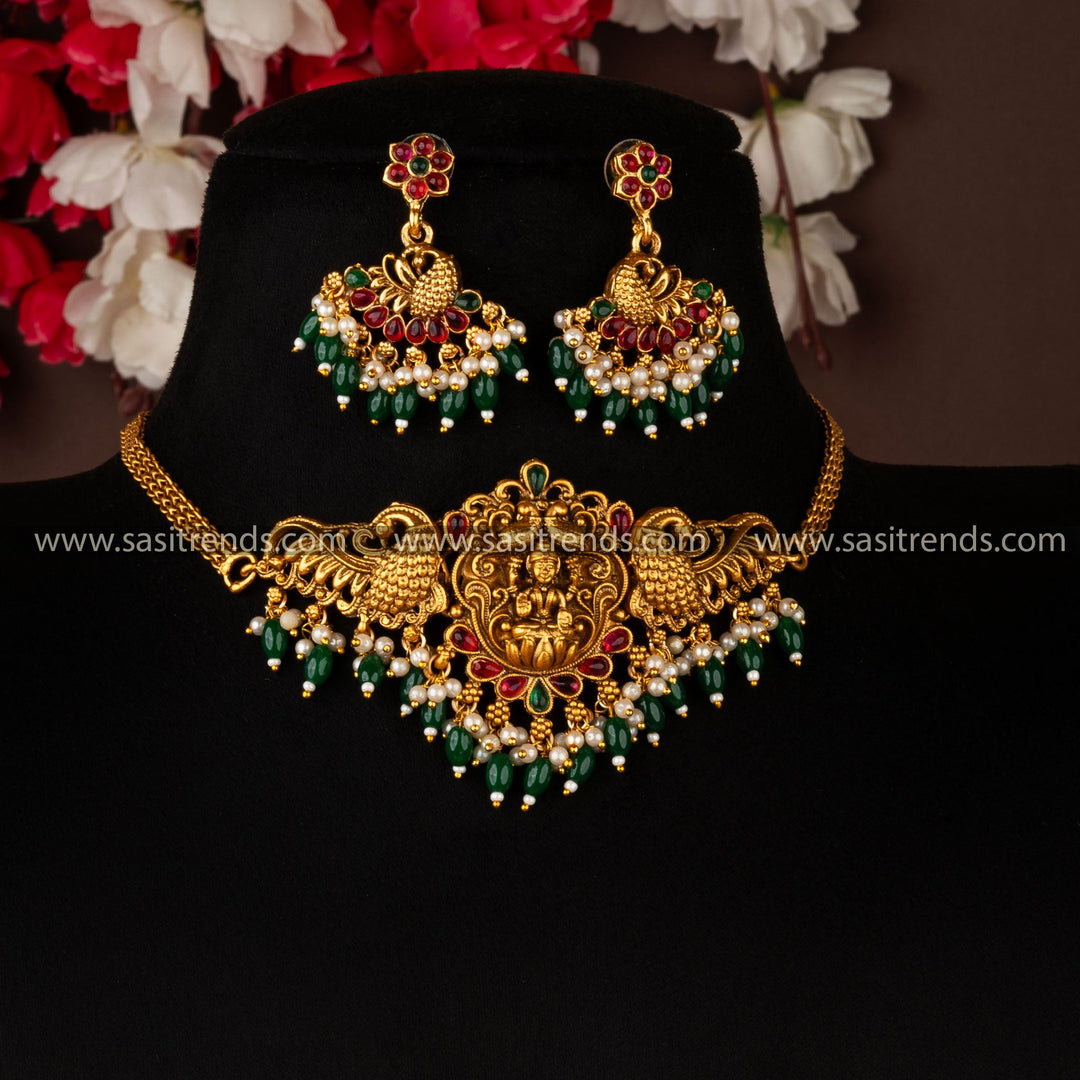 Traditional Temple Choker Set with Lakshmi and Peacock Motifs, ZX Synthetic Stones, Pearls