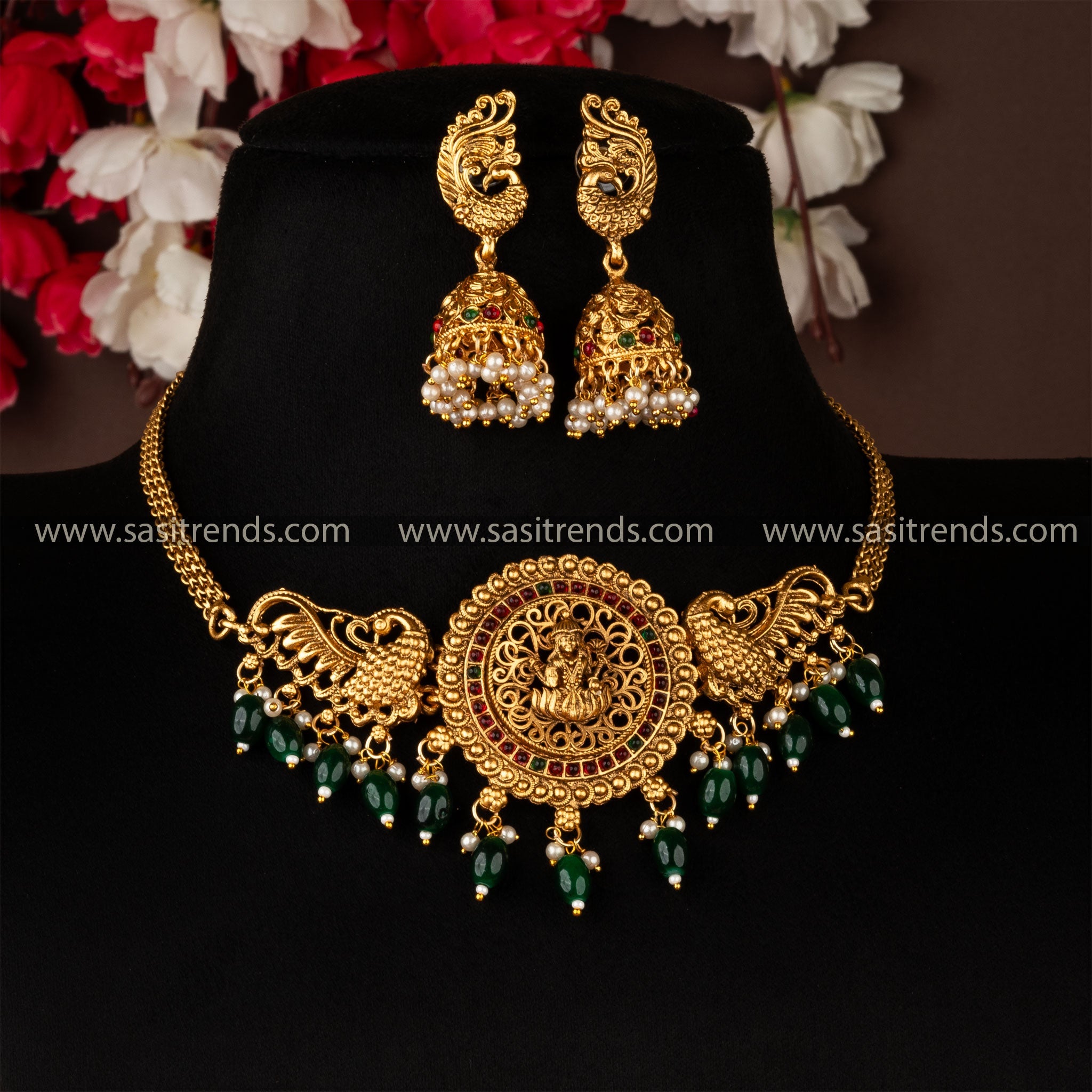 Divine Temple Choker Set with Lakshmi Pendant, Peacock Motifs, and Jhumka Earrings