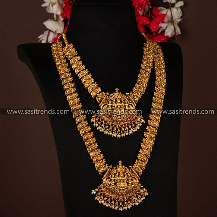 Classic Matte Gold Divine Lakshmi Motif Temple Combo Necklace Jewellery Set with Pearls | Sasitrends