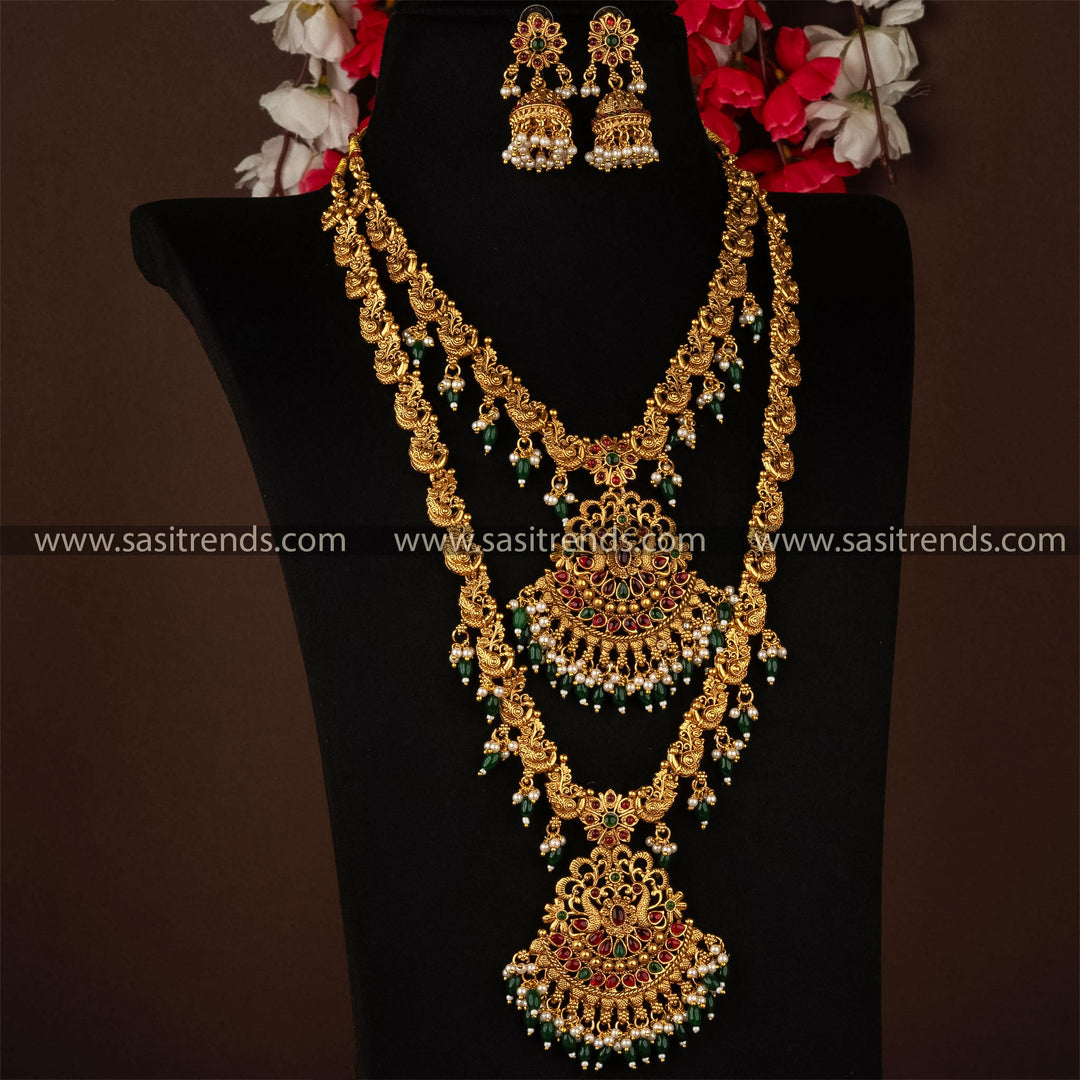 Temple Combo Jewellery Set with Peacock Motif Pendant, Pearls, and ZX Synthetic Stones