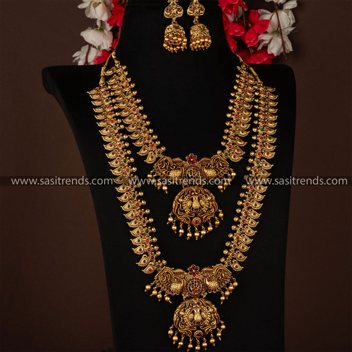 Classic Matte Gold Peacock Motif Necklace Set with Matching Jhumka - Traditional Jewellery Set