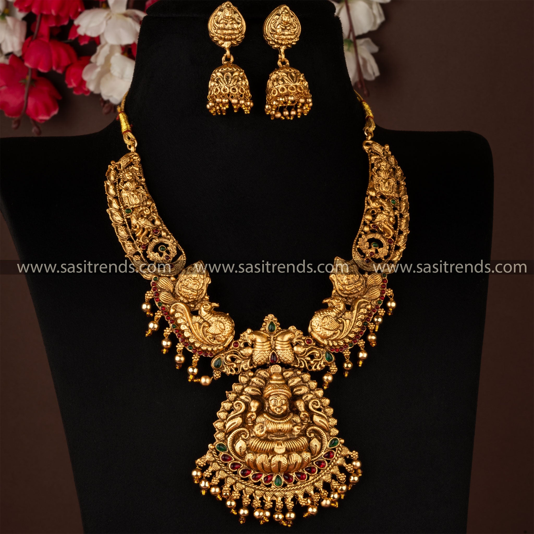 Lakshmi and Peacock Pendant Necklace Set with Jhumka – Elegant Traditional Jewellery Set