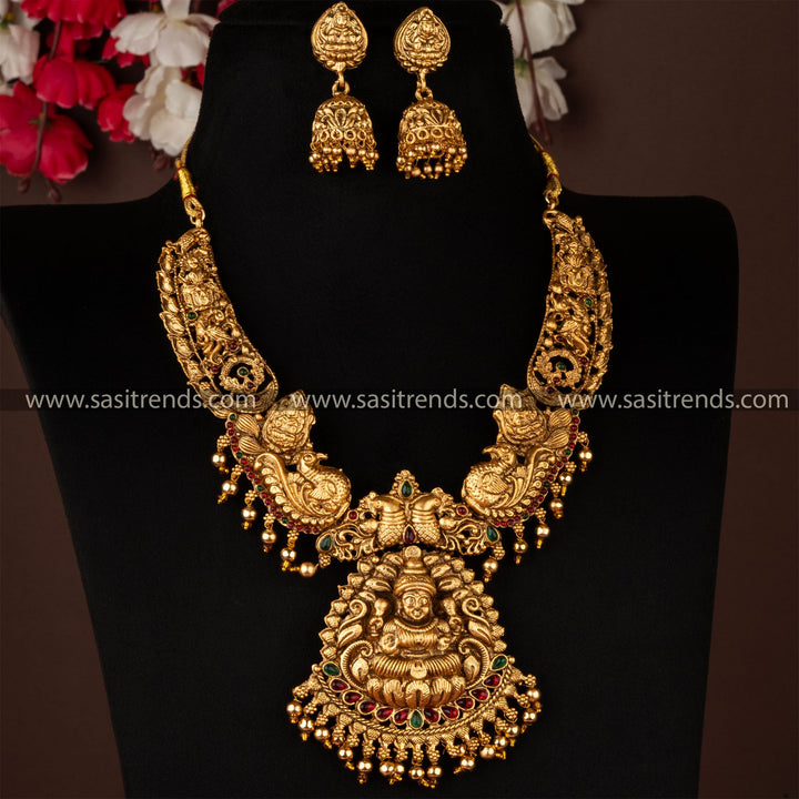 Classic Matt Gold Divine Lakshmi and Peacock Pendant Necklace Jewellery Set with Jhumka