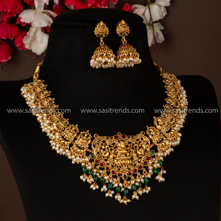 Classic Matt Gold Traditional Lakshmi and Peacock Pendant Necklace Jewellery Set | Sasitrends