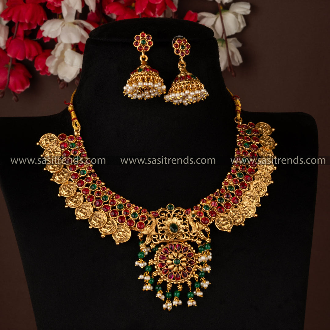 Traditional Lakshmi and Peacock Pendant Necklace Set - Affordable Luxury