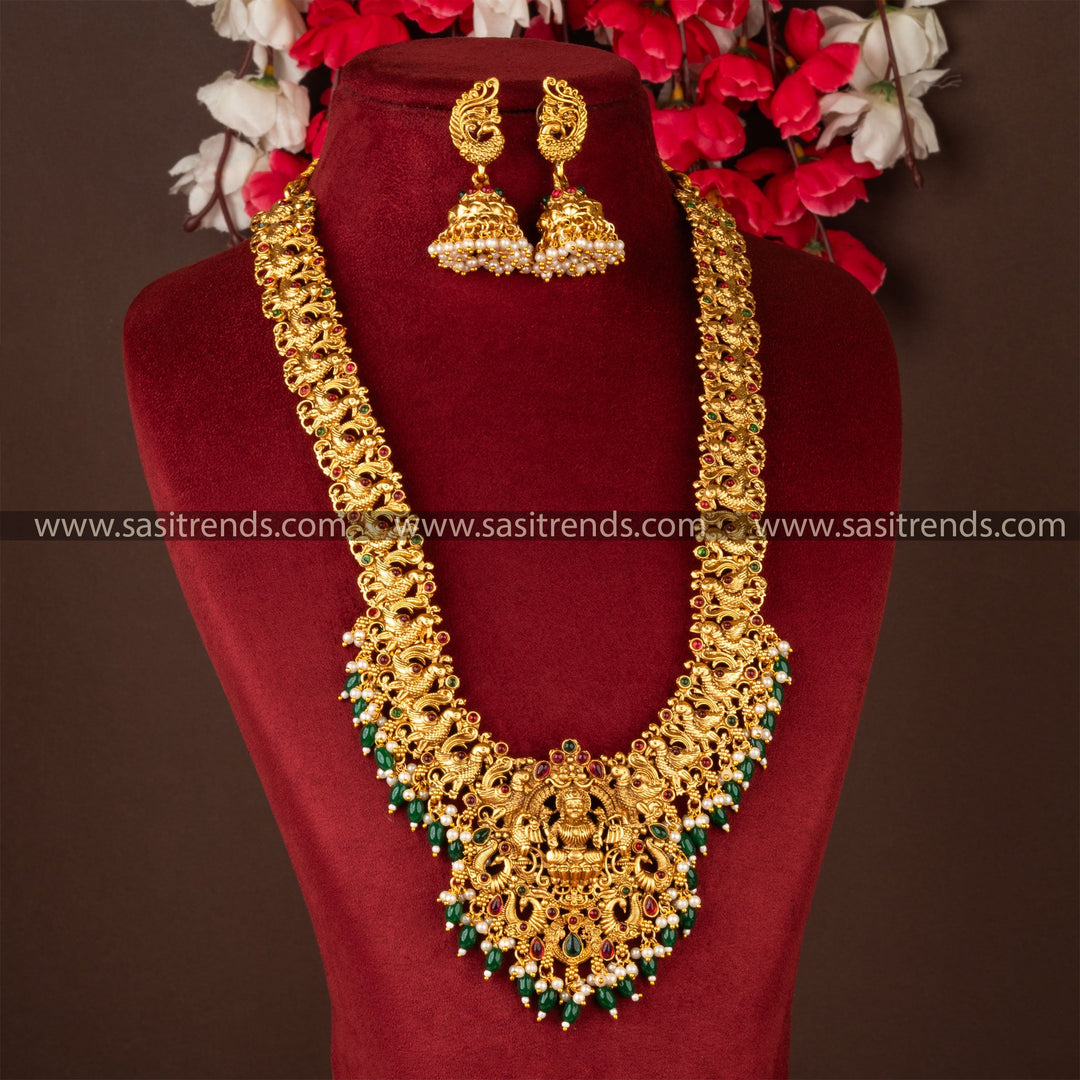 Peacock Lakshmi Pendant Long Necklace Set with Jhumka Earrings - Traditional Indian Jewellery