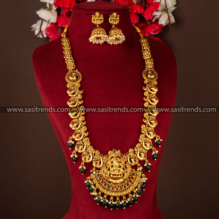 Classic Matt Gold Lakshmi Temple Pendant Necklace Jewellery Set with Peacock Jhumka | Sasitrends