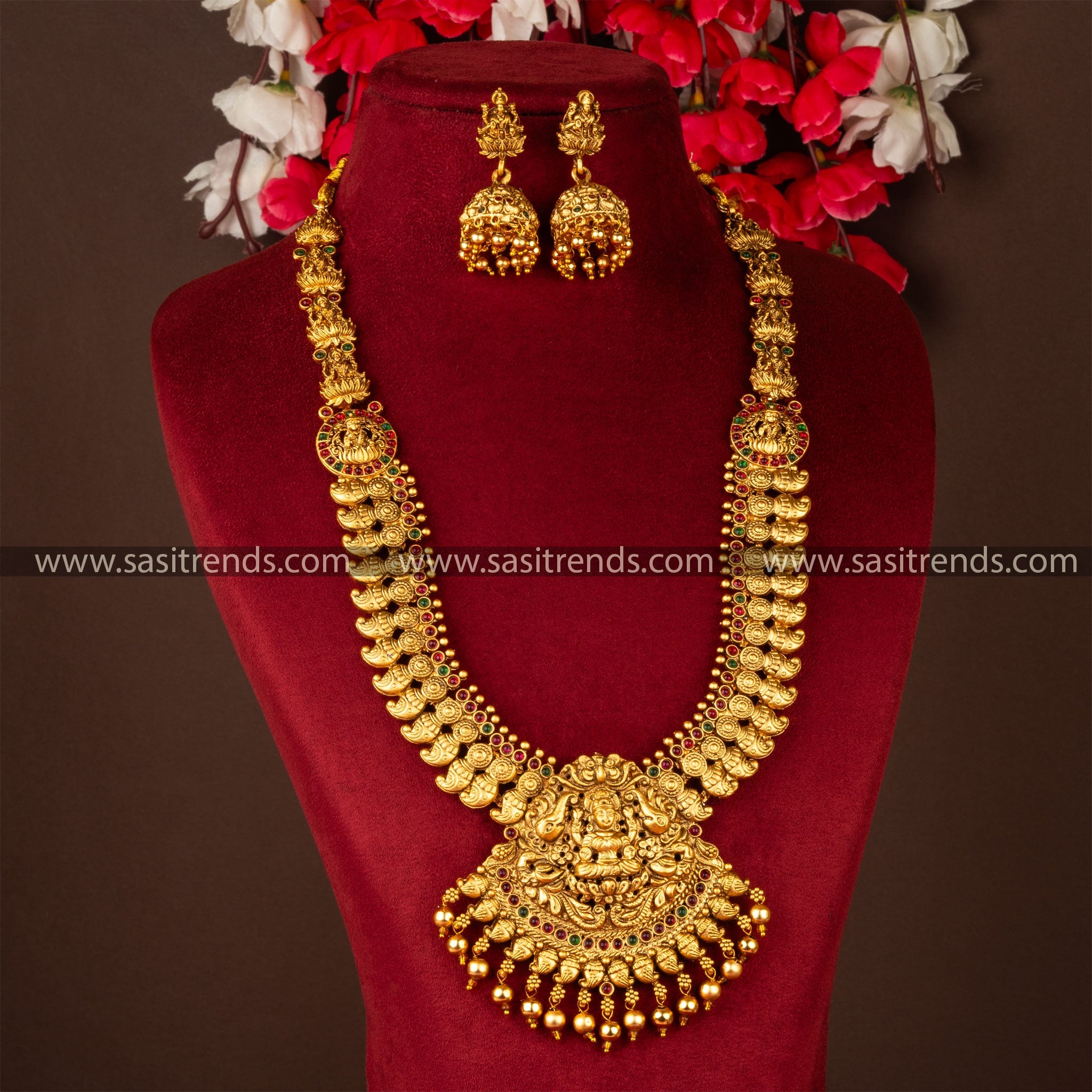 Elegant Lakshmi Pendant Long Necklace Jewellery Set with Jhumka Earrings