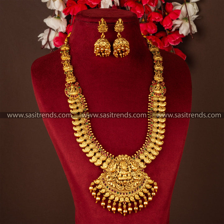 Sasitrends | Classic Matt Gold Elegant Lakshmi Pendant Long Necklace Jewellery Set with Jhumka Earrings