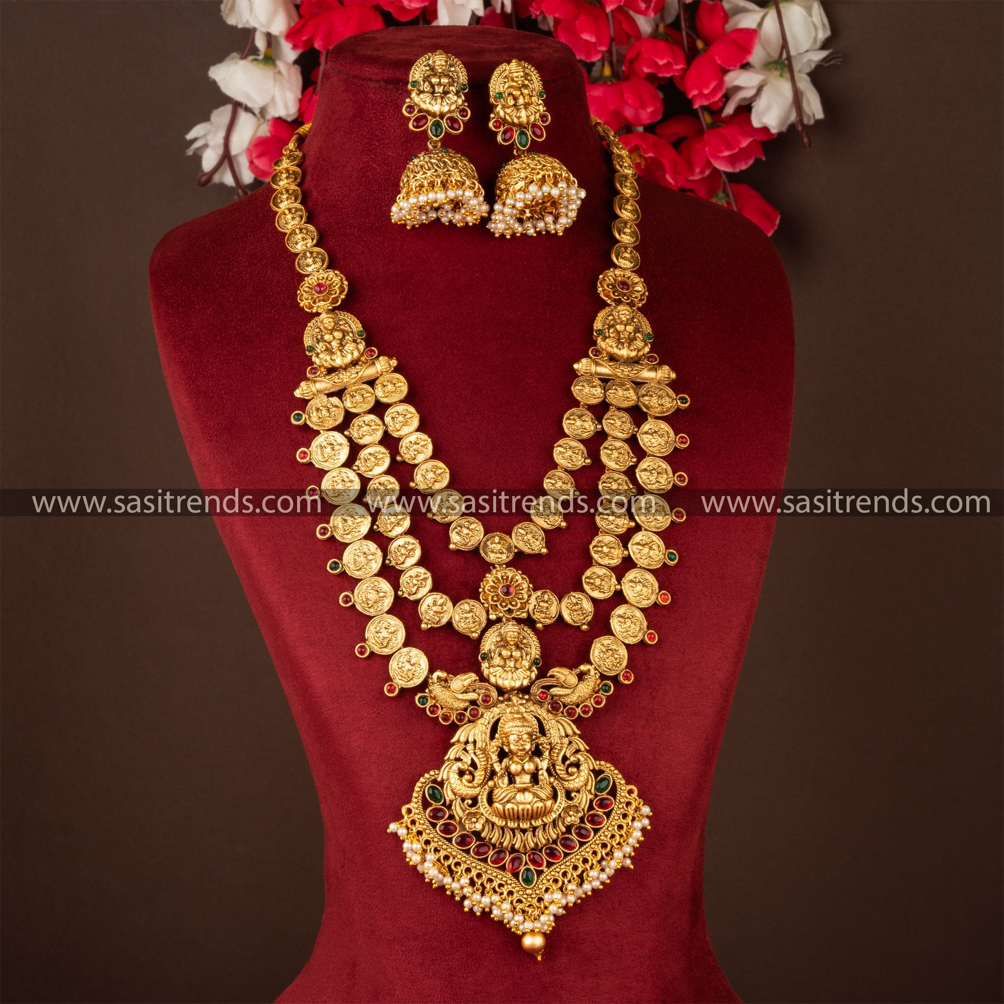 Classic Matt Gold Traditional Lakshmi Pendant Necklace Set with Jhumka - Affordable Luxury