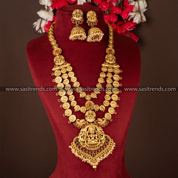 Classic Matte Gold Elegant Lakshmi Pendant Long Necklace Jewellery Set with Matching Jhumka