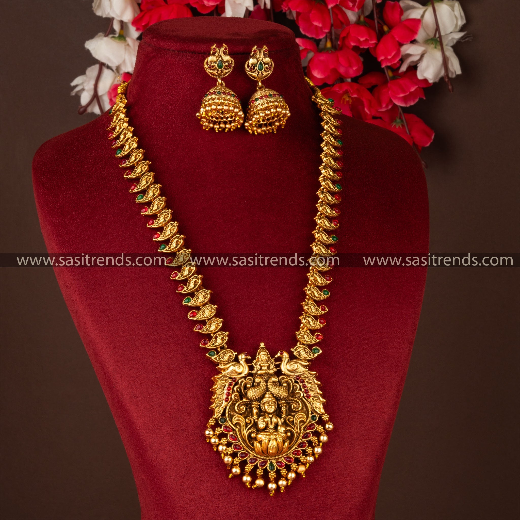 Traditional Temple Lakshmi Pendant Necklace Set with Jhumka - Elegant and Affordable Jewellery Set