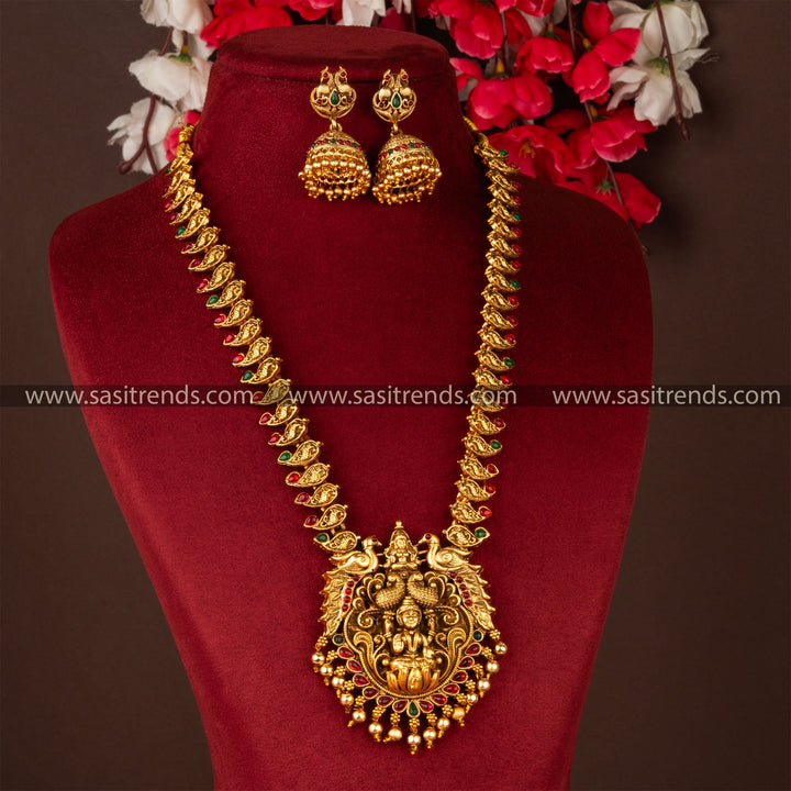 Classic Matt Gold Plated Traditional Temple Lakshmi Pendant Necklace Jewellery Set with Jhumka