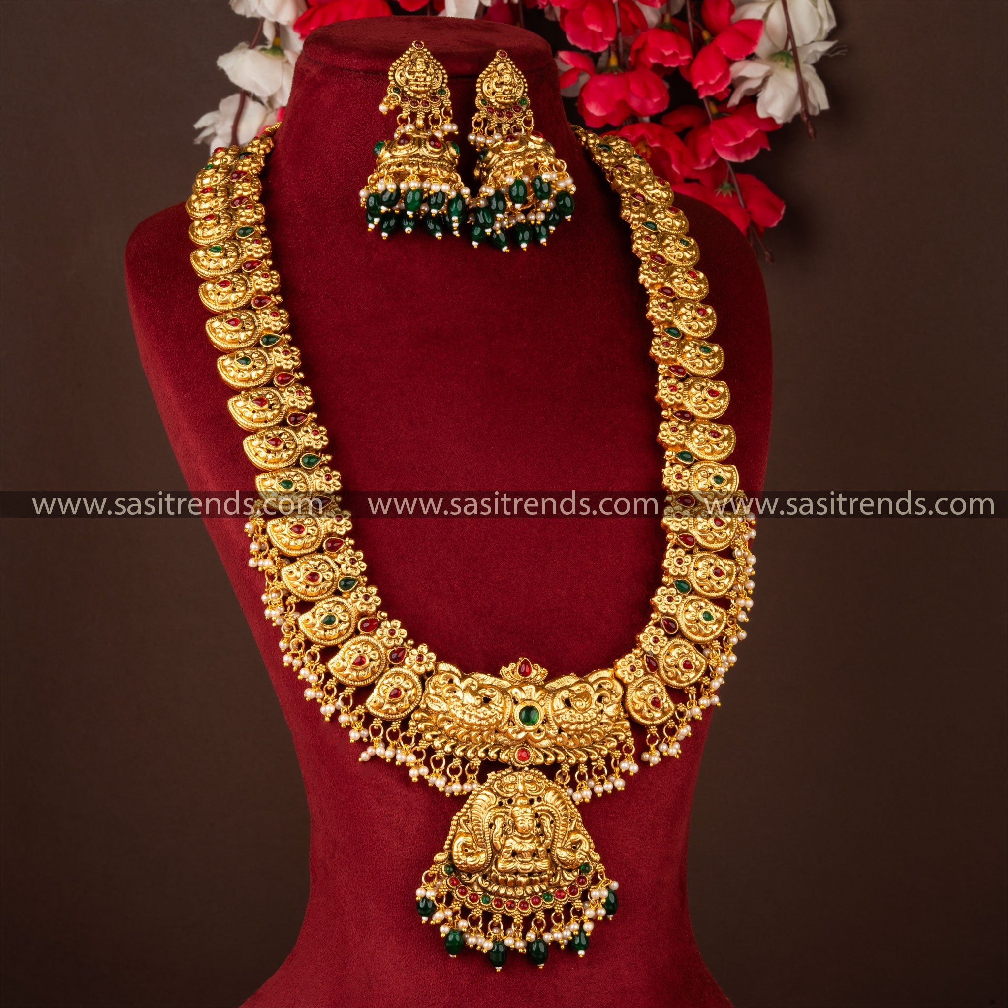 Traditional Temple Lakshmi Long Necklace Set with Jhumka - Elegant Matt Gold Finish