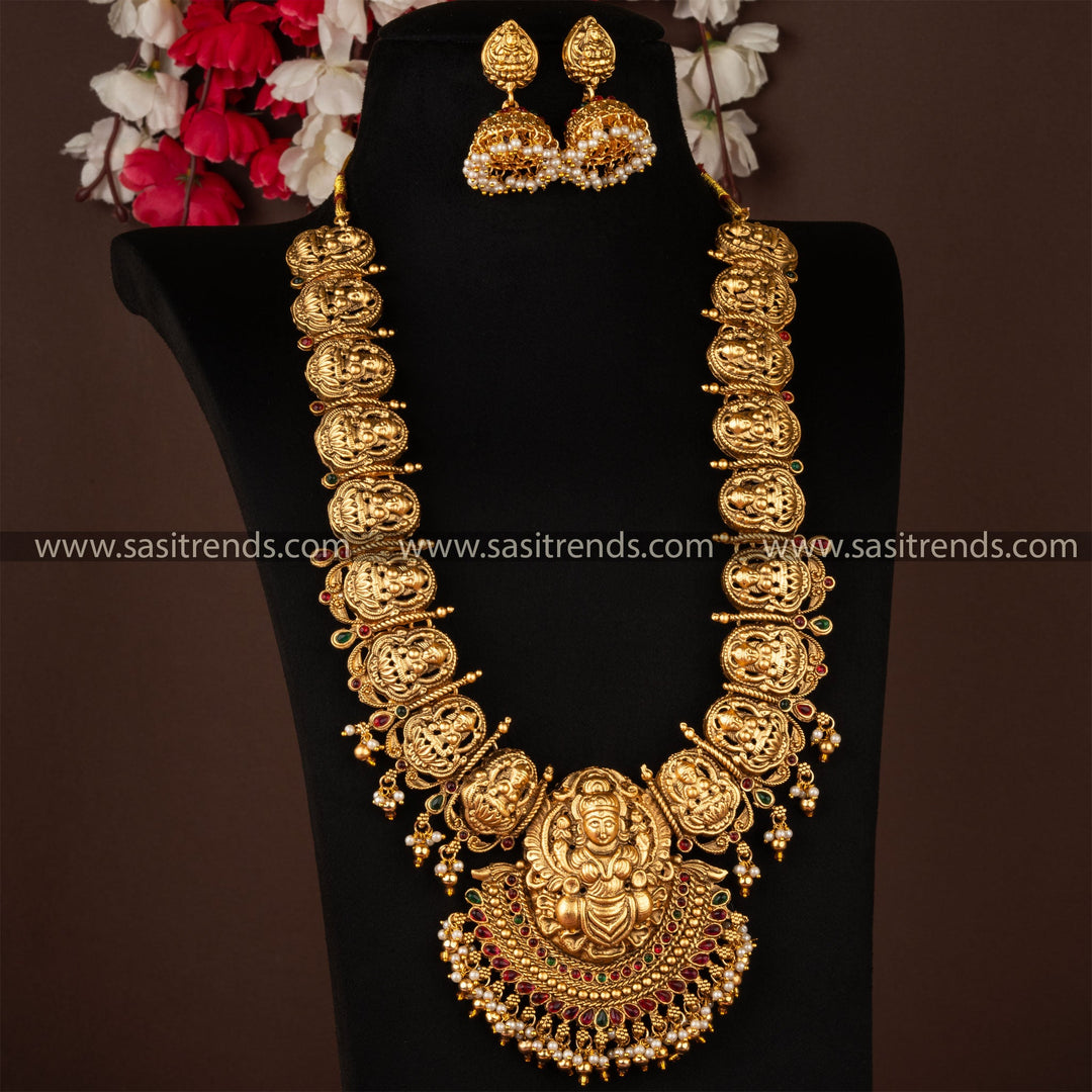 Temple Lakshmi Long Necklace with Jhumka Set - Traditional Elegance Jewellery Set