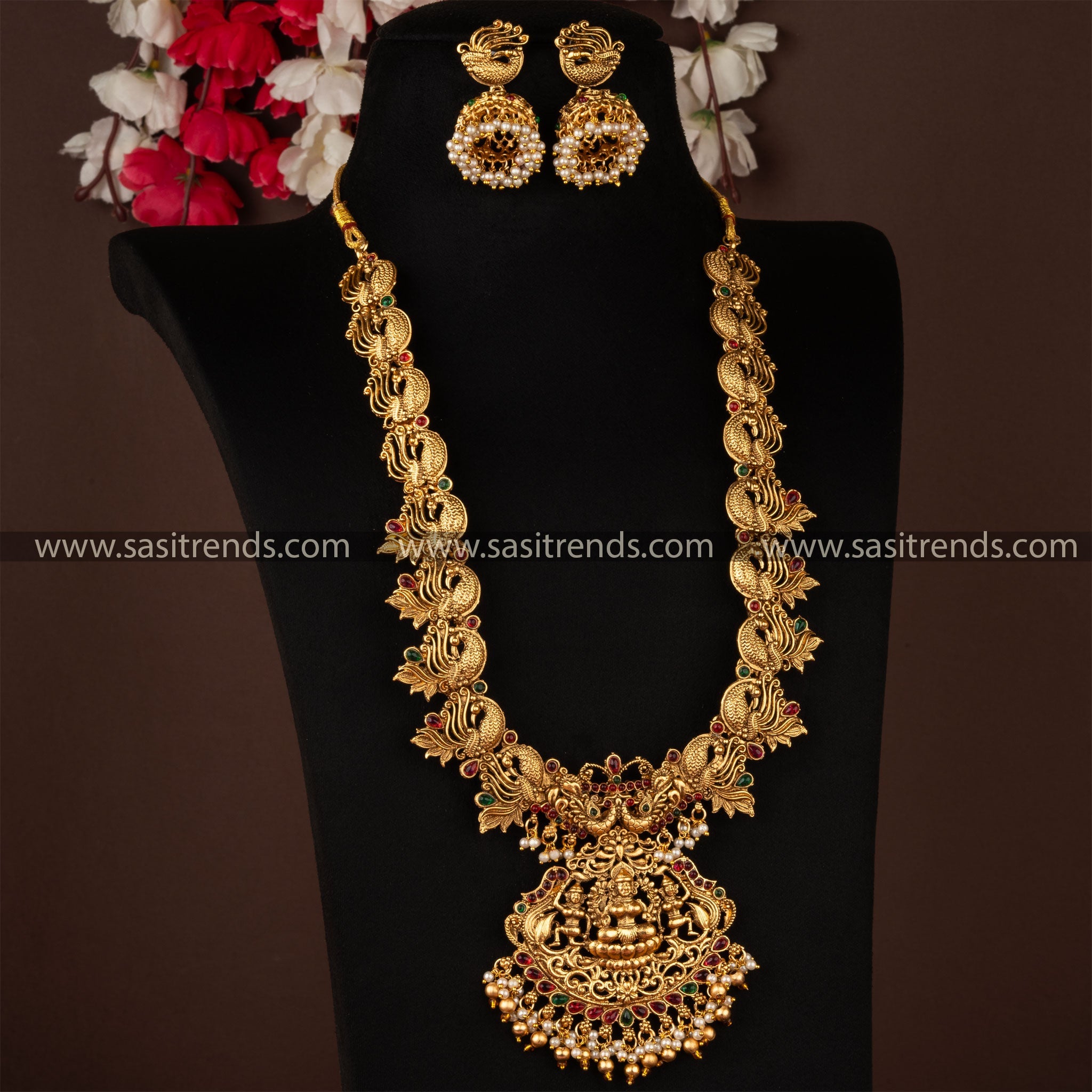 Divine Lakshmi Long Necklace Set with Peacock Jhumka - Traditional Jewellery Set