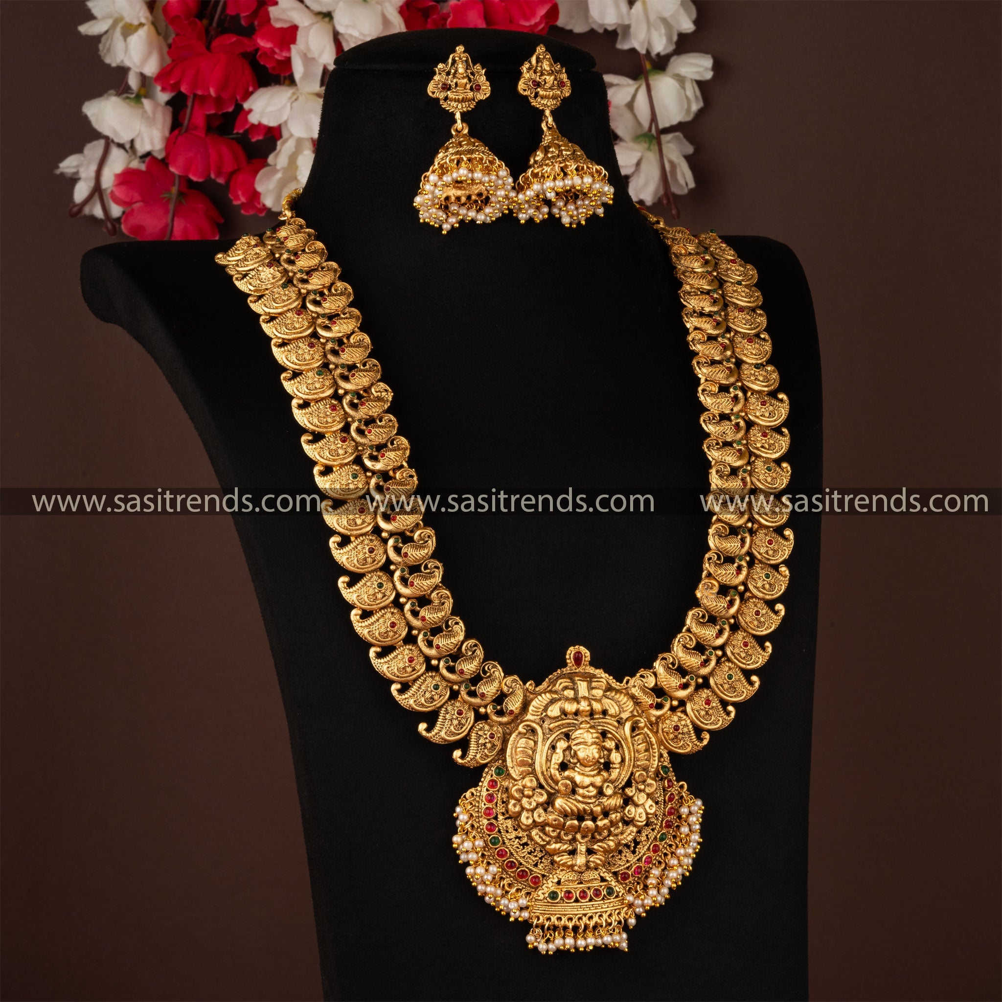 Divine Lakshmi Long Necklace Set with Jhumka - Traditional Elegance in Matt Gold