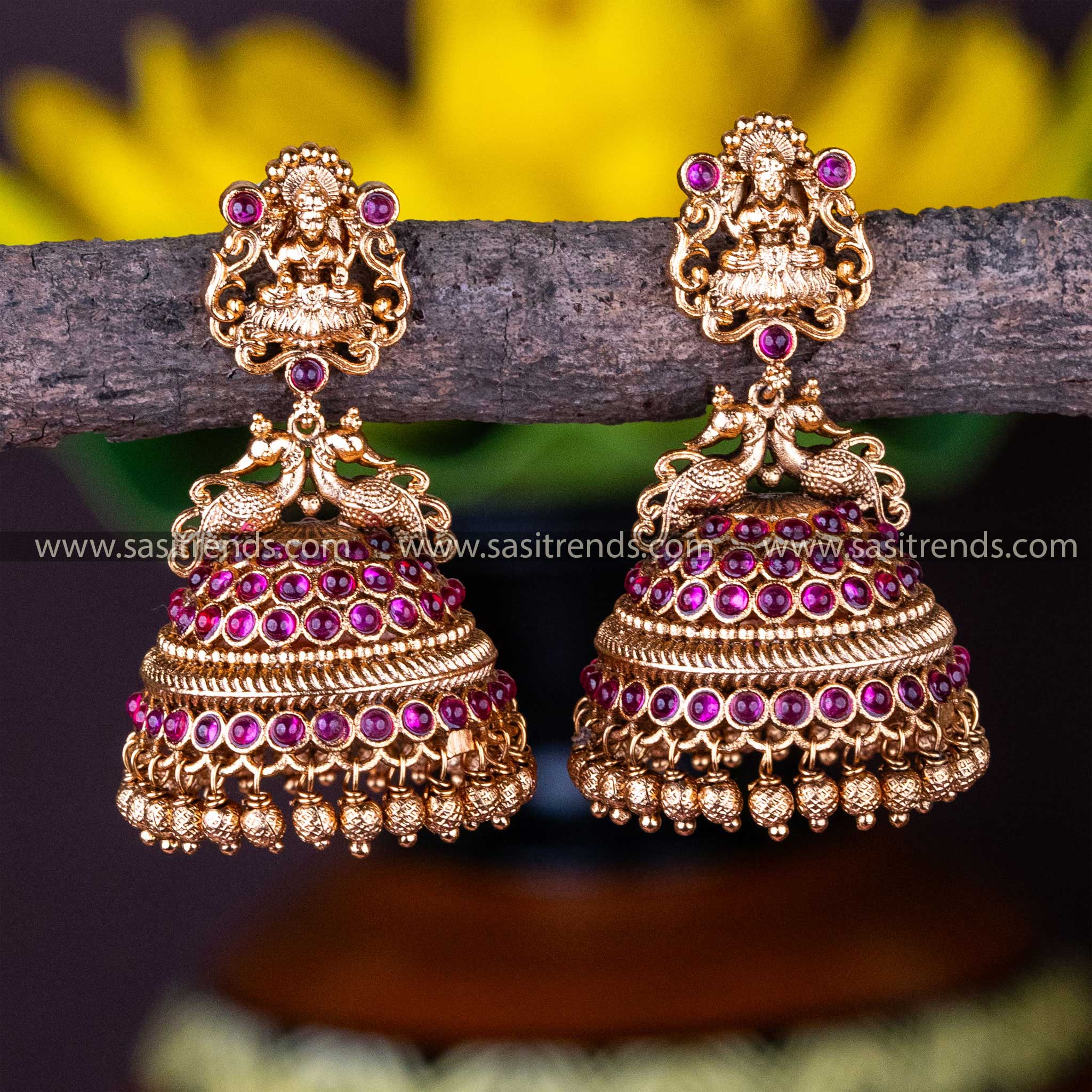 Traditional Wear Premium Matt Gold Plated Lakshmi Peacock Designer Kemp Stone Earrings 