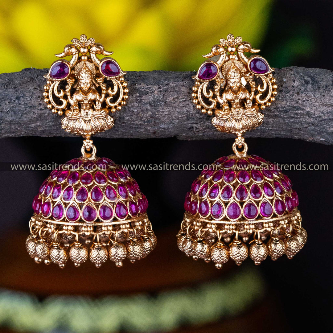 Temple Wear Premium Matt Gold Plated Lakshmi Designer Ruby Kemp Stone Bridal Jhumka Earrings 