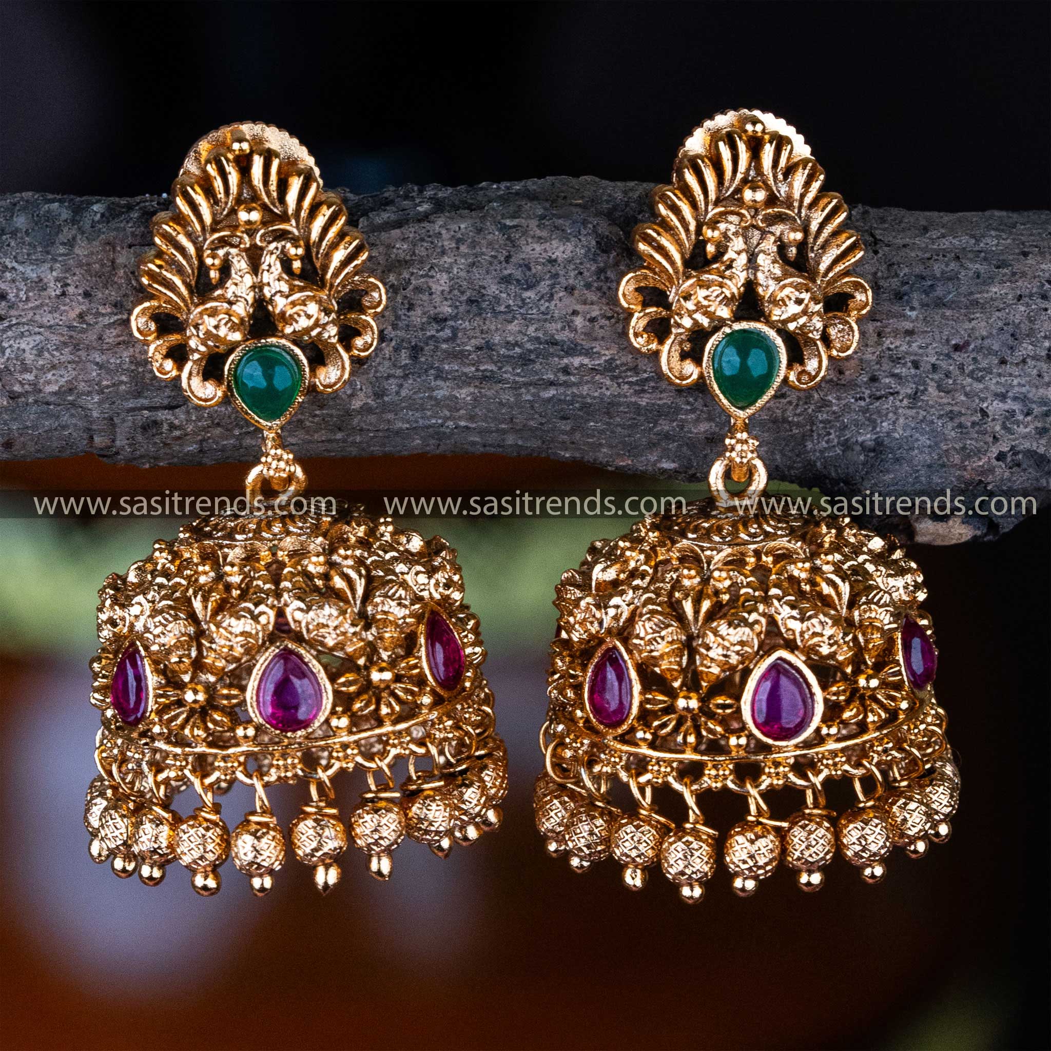 Traditional Wear Premium Matt Gold Plated Peacock Designer Kemp Stone Small Jhumka Earrings 