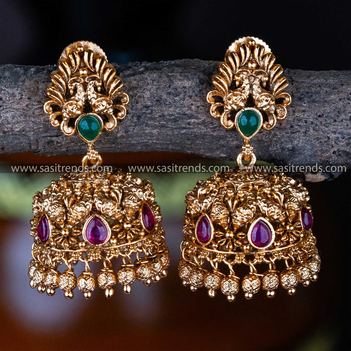 Temple Wear - Captivating Premium Matte Gold Plated Peacock Designer Small Jhumka Earrings