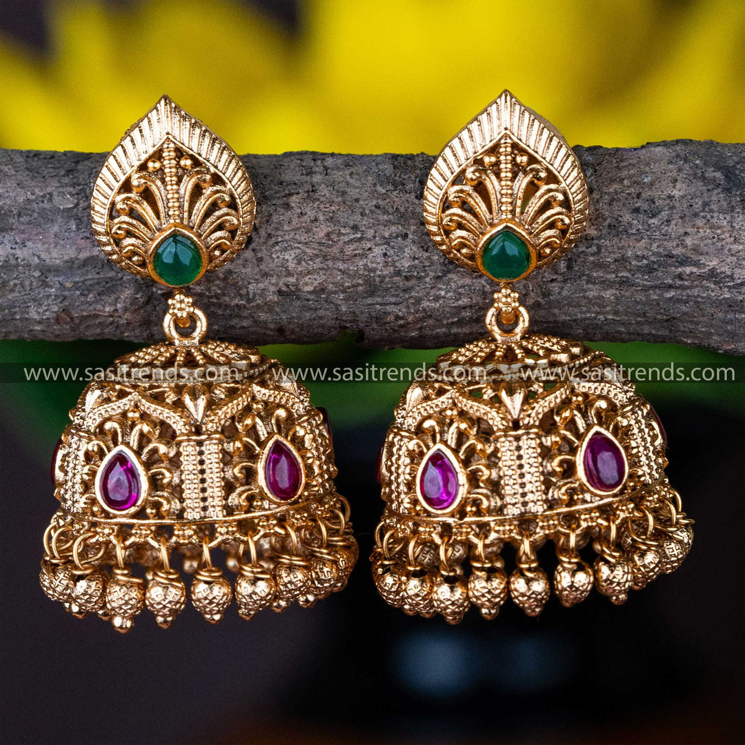 Temple Wear Premium Matt Gold Plated Kemp Stone Small Jhumka Earrings