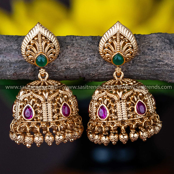 Traditional Elegant - Premium Temple Matte Gold Plated Floral Designer Small Jhumka Earrings