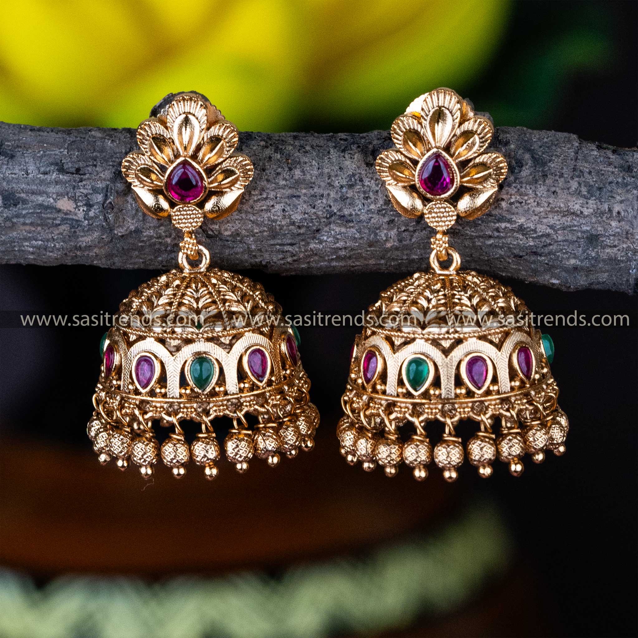 Traditional Temple Wear Premium Matt Gold Plated Floral Designer Kemp Stone Small Jhumka Earrings 