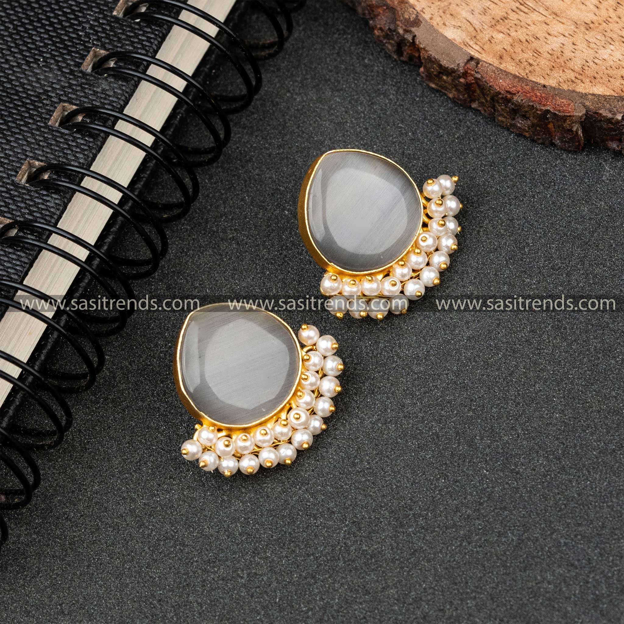 Gold Plated Pearl Hanging Monalisa Stone Studded Earrings