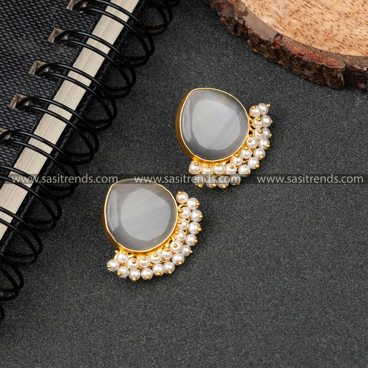 New Arrival: Attractive Gold Plated Monalisa Stone & Pearl Earrings - Sasitrends