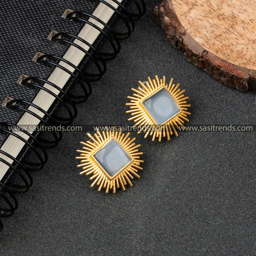 Gold Plated Rectangle Monalisa Stone Push Back Earrings 