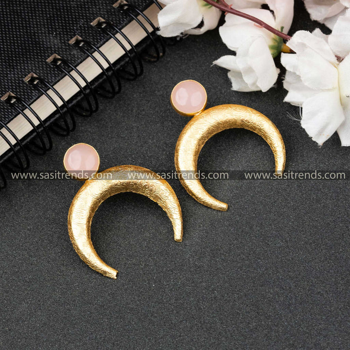 Elegant Gold Plated Moon Designer Monalisa Stone Push Back Earrings