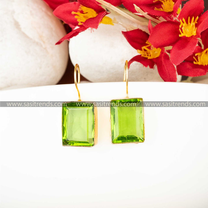 Attractive Gold Plated Fish Hook Rectangular Green Stone Studded Earrings Sasitrends