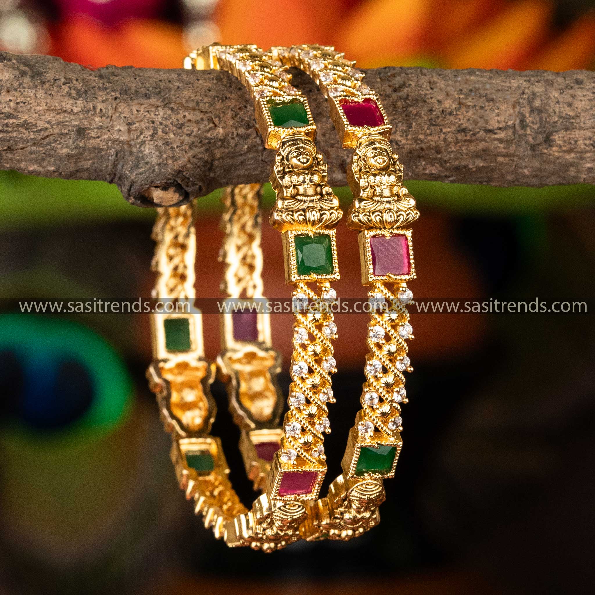 Matt Gold Plated Lakshmi Square And Round Stone Studded Bangles Sasitrends Online Shopping