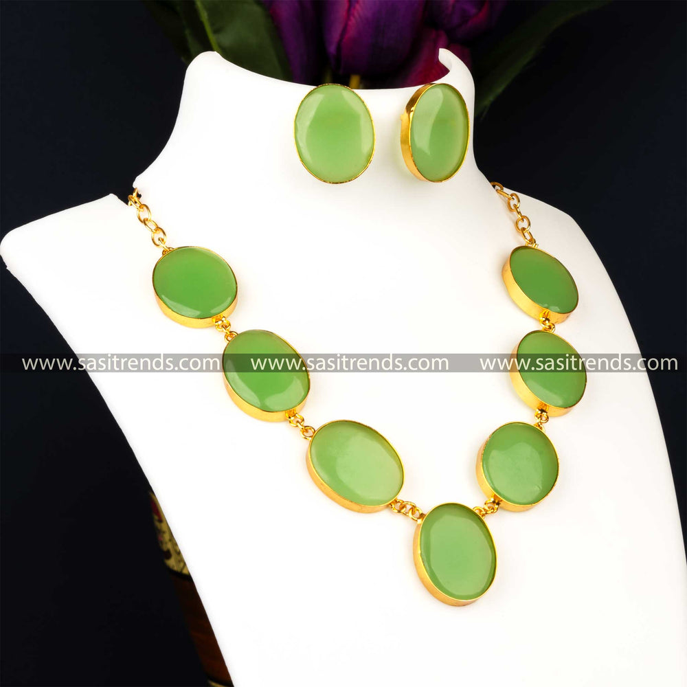 Stylish Gold Plated Green Monalisa Stone Studded Necklace With Earrings Jewellery Set 