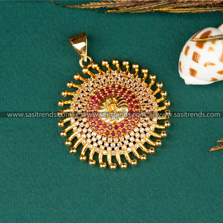 Traditional Elegance Lakshmi Designer Micro Gold Plated White Ruby AD Stone Studded Pendant Dollar Sasitrends Online Shopping