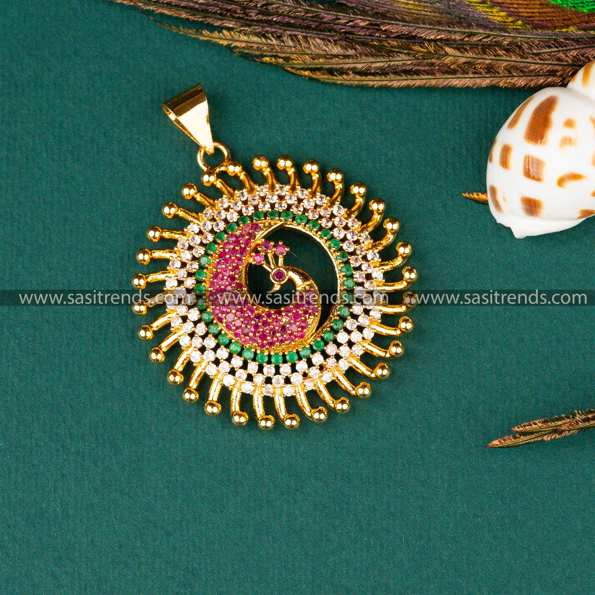 Trendy Traditional Micro Gold Plated Peacock Designer Multi AD Stone Pendant 